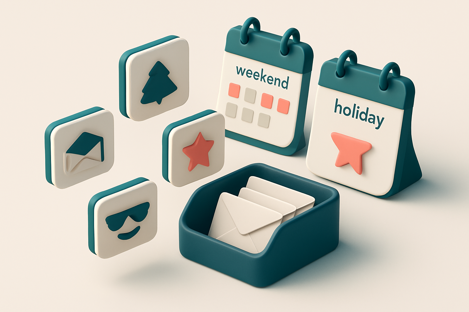 In-body 1: An isometric holiday-affected inbox scenario with two calendars marked as weekend and holiday, emails hovering with holiday themes.