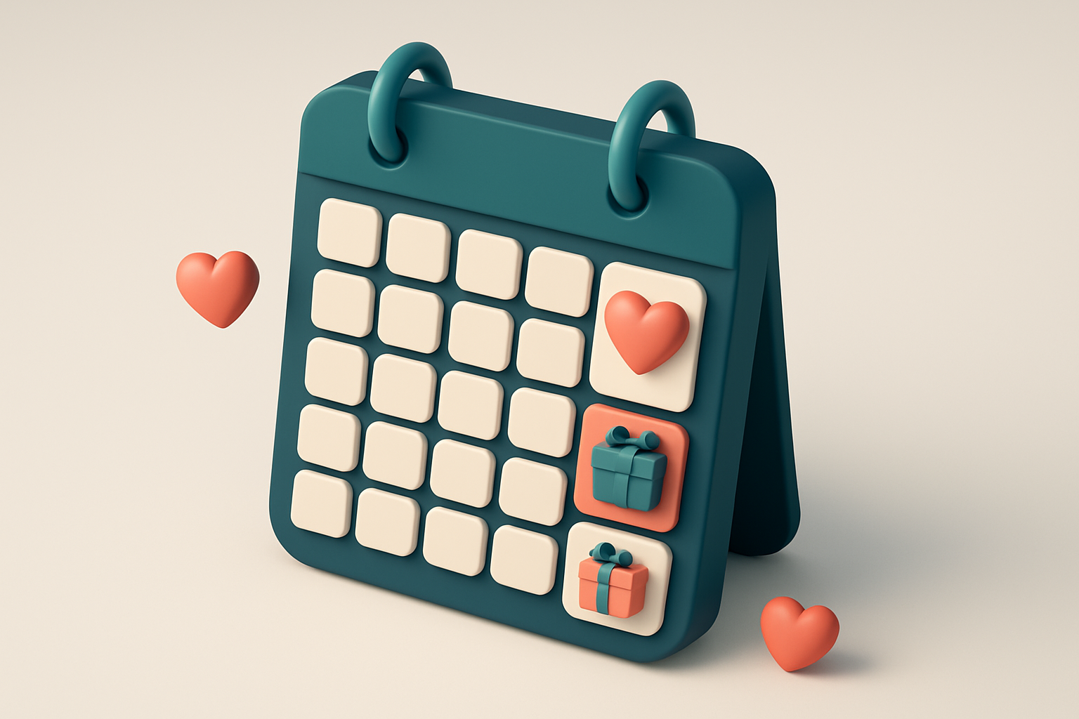 In-body 1: an isometric calendar for February, featuring highlighted dates like Valentine's Day, with icons of hearts and gifts.