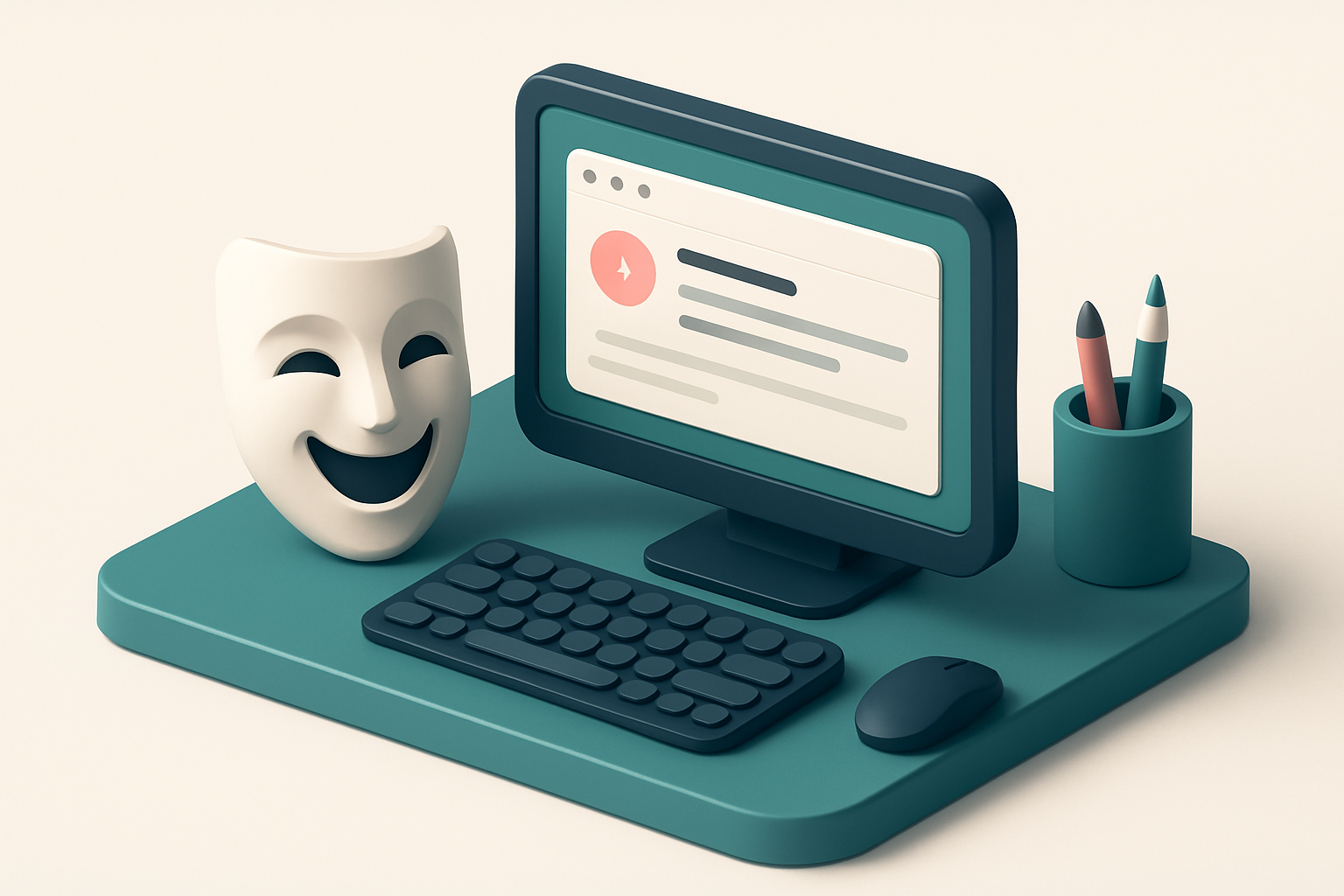 In-body 1: an office desk scene where a comedy mask is placed next to a computer displaying an out of office email setup.