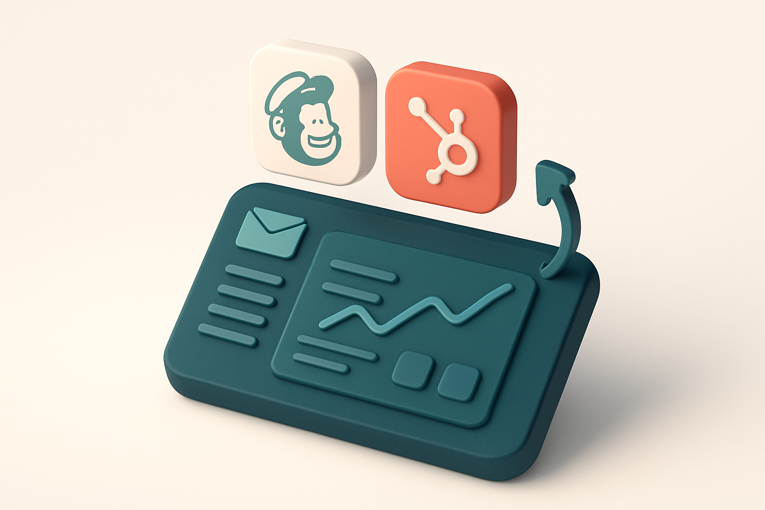In-body 1: An isometric scene of an email dashboard with integration icons like Mailchimp and HubSpot ready to connect, hovering above the console.