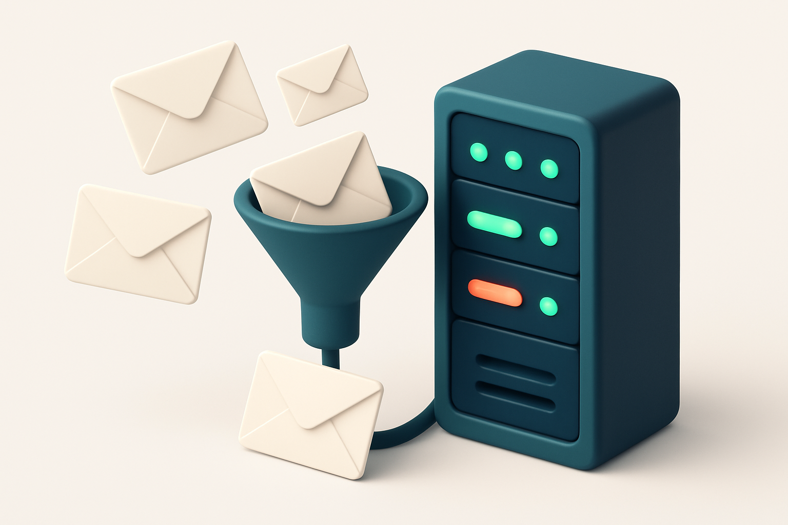 In-body 1: an isometric server rack with lights indicating SMTP and MX checks; envelopes flowing through a verification funnel.