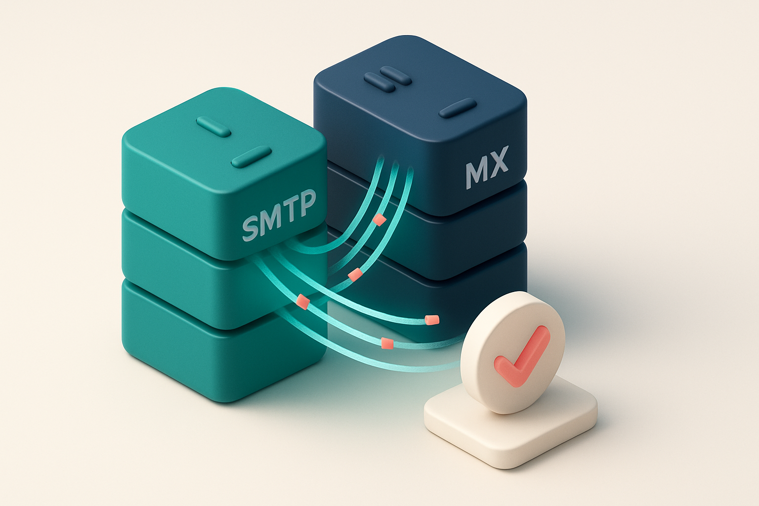 In-body 1: an isometric server room with streams of data flowing between servers labeled SMTP and MX, indicating verification processes