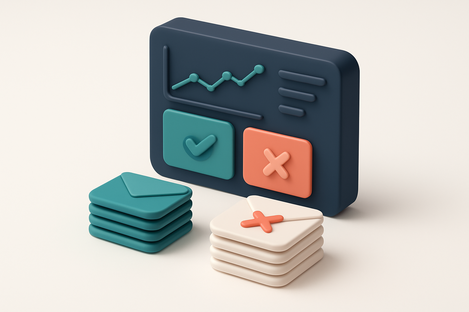 In-body 1: an isometric scene showcasing a dashboard with real-time analytics and verification results, highlighting valid and invalid email piles.