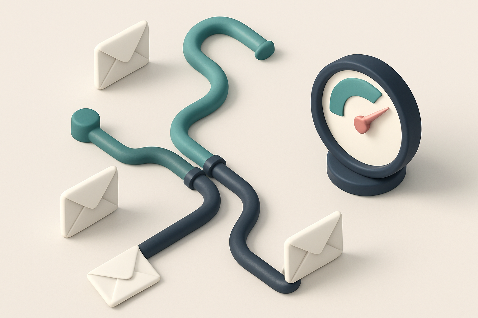 In-body 1: an isometric scene of two email paths indicating an A/B test, with envelopes going through different routes and a performance gauge indicating their