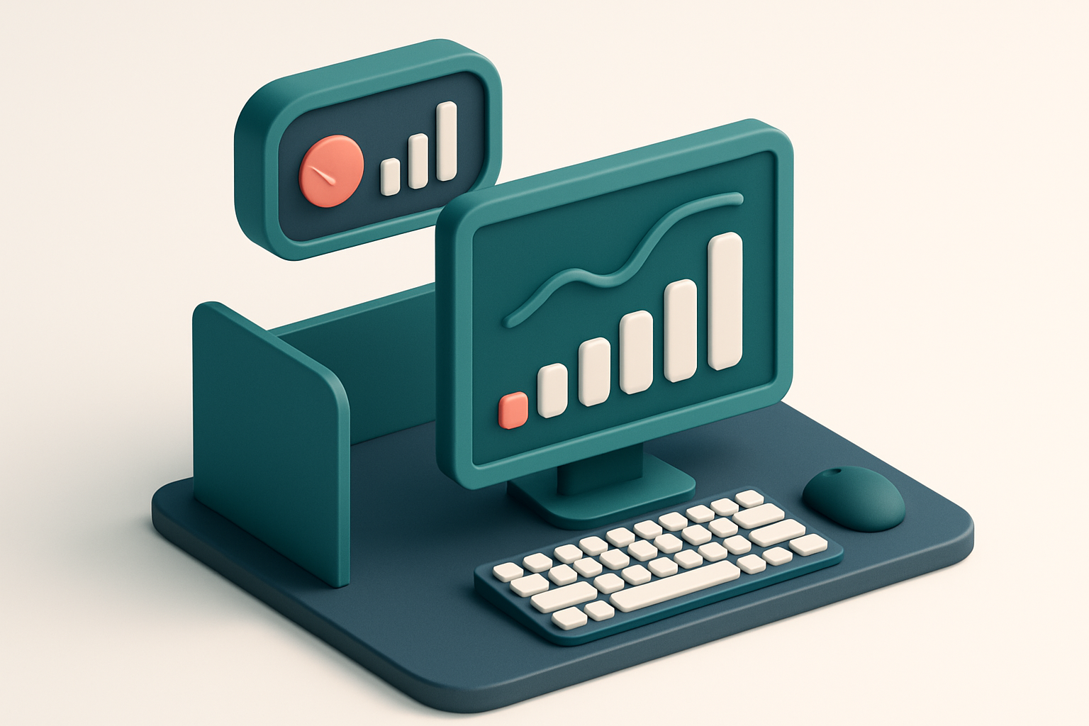 In-body 1: an isometric office environment with a digital clock displaying peak sending times, a computer screen showing open rate analytics.