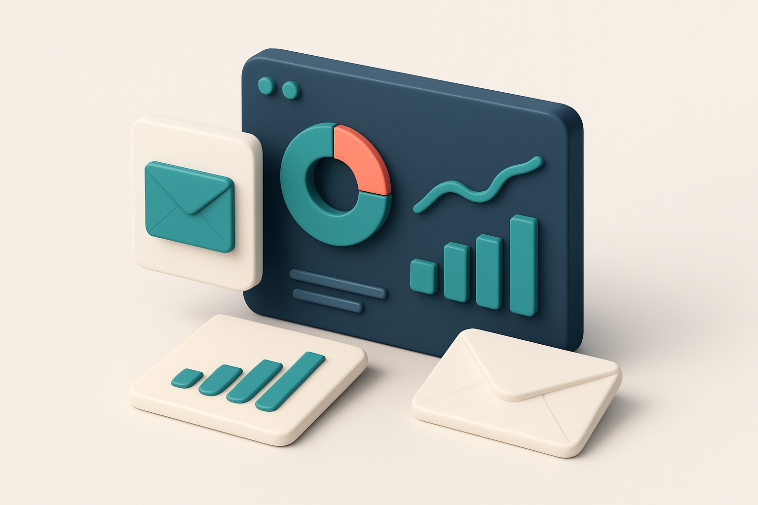 In-body 1: An isometric dashboard displaying email metrics like open rates and click-through rates, with email icons and charts.