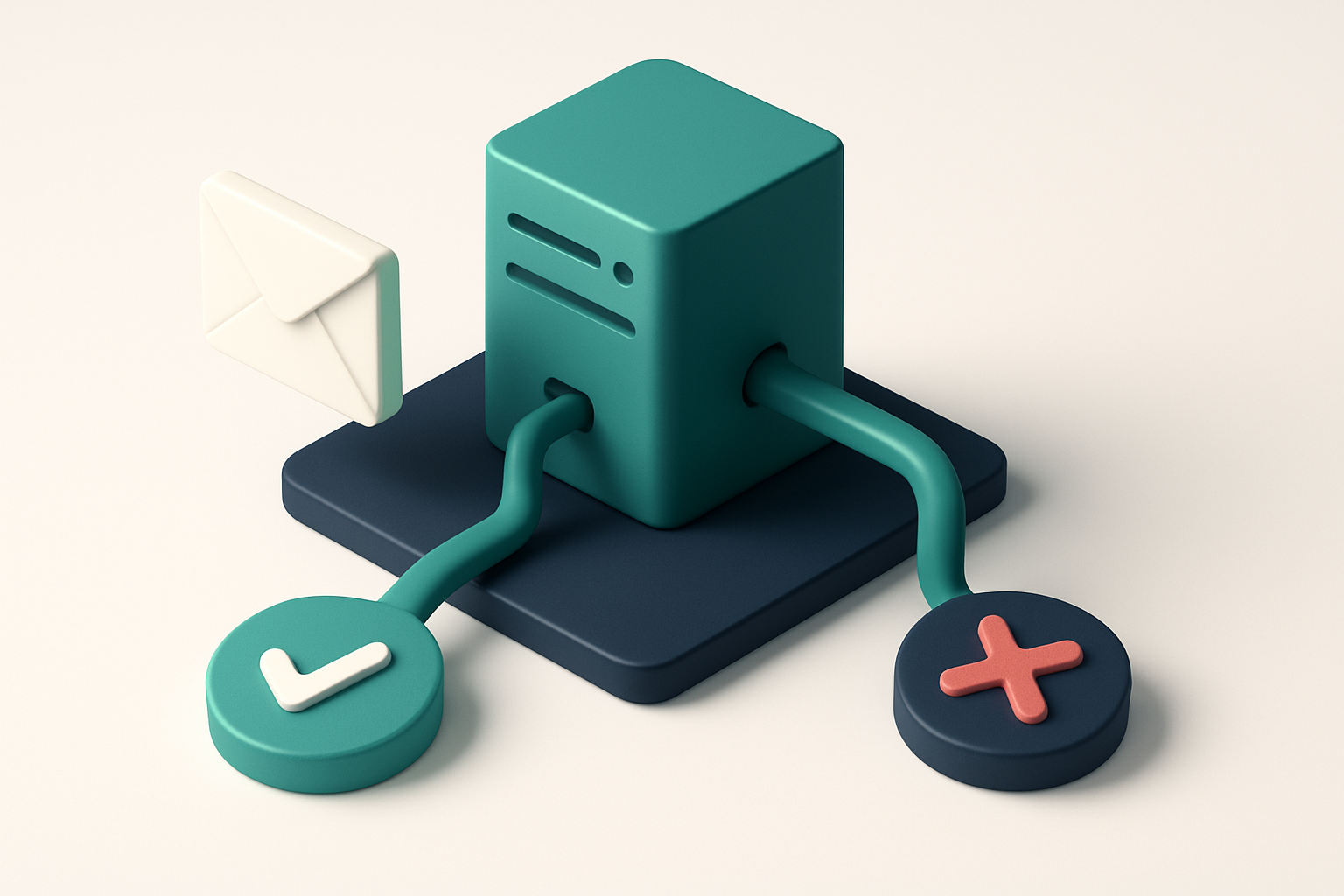 In-body 1: an isometric scene showing a server processing incoming emails with dual paths: one leading to a green checkmark and one leading to a red cross
