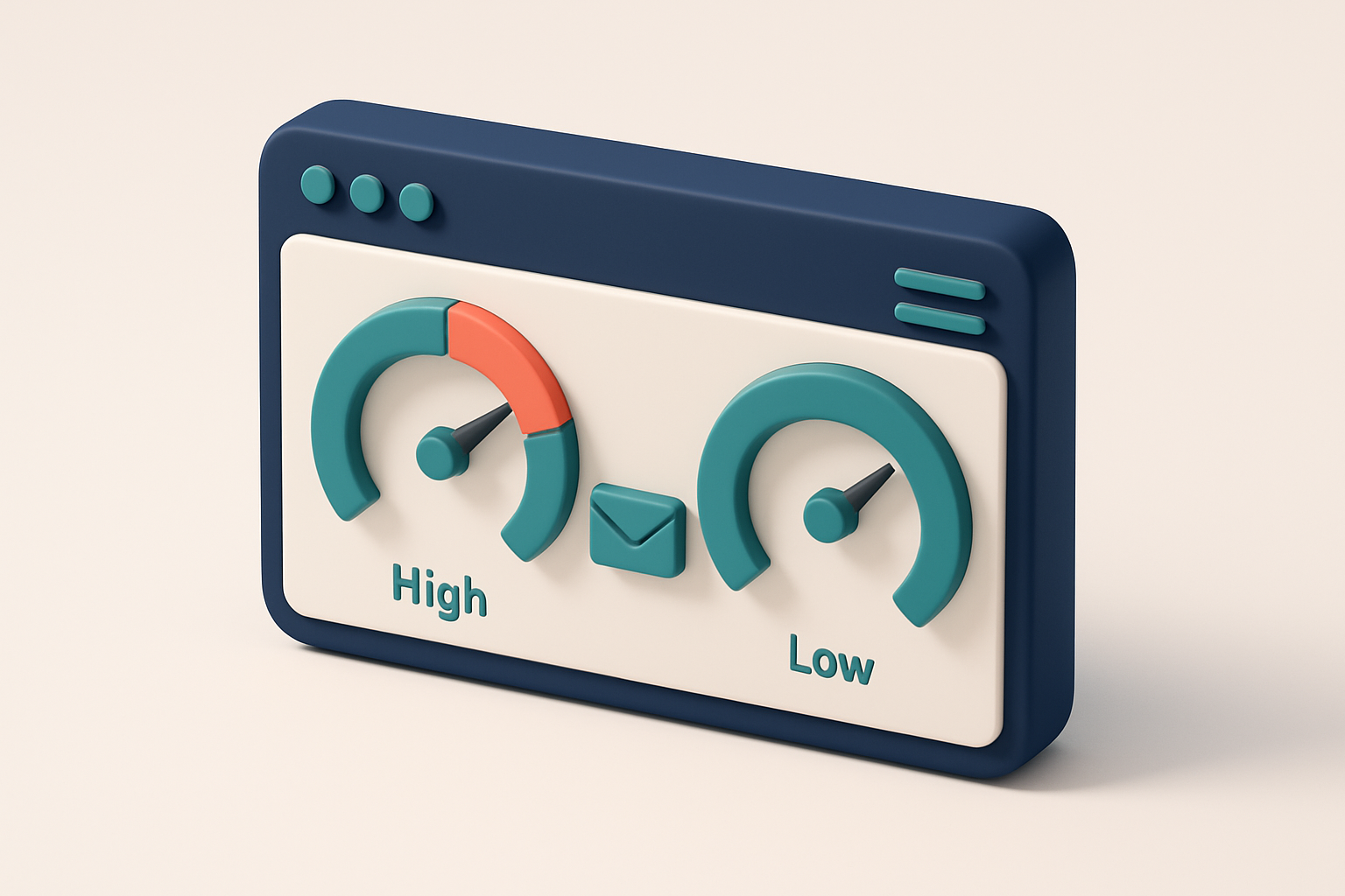 In-body 1: an isometric dashboard screen showing email bounce statistics with gauges indicating high and low bounce rates.