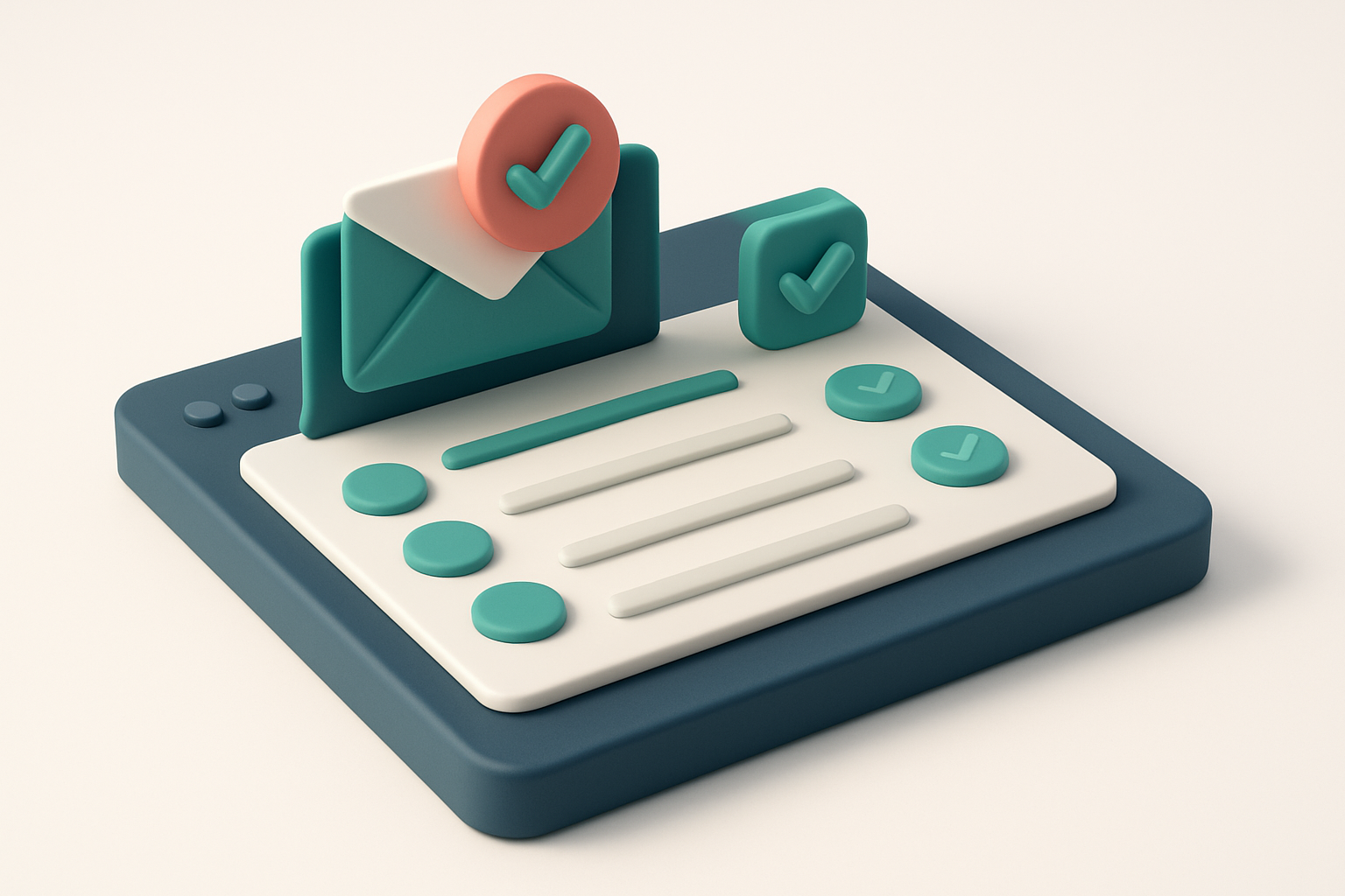 In-body 1: A 3D isometric scene of an email dashboard showing real-time verification alerts with clean checkmarks for validated emails.