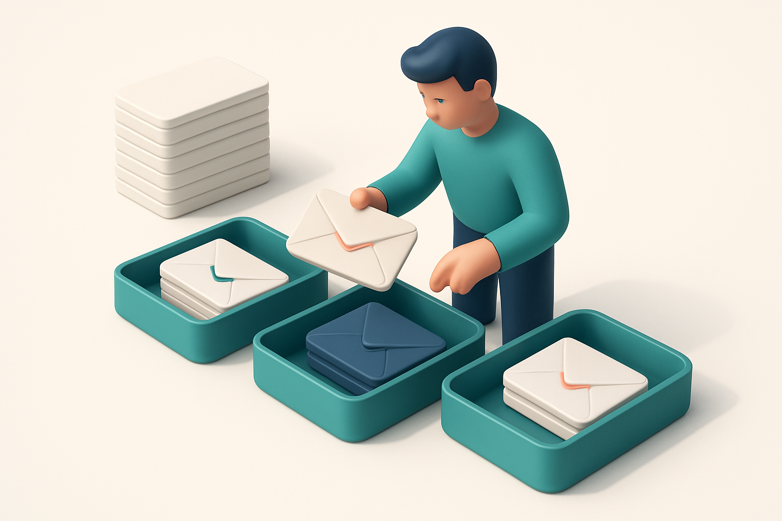 In-body 1: An isometric scene of a person sifting through a stack of emails with some being categorized in trays labeled 'valid', 'invalid', and 'catch-all'.