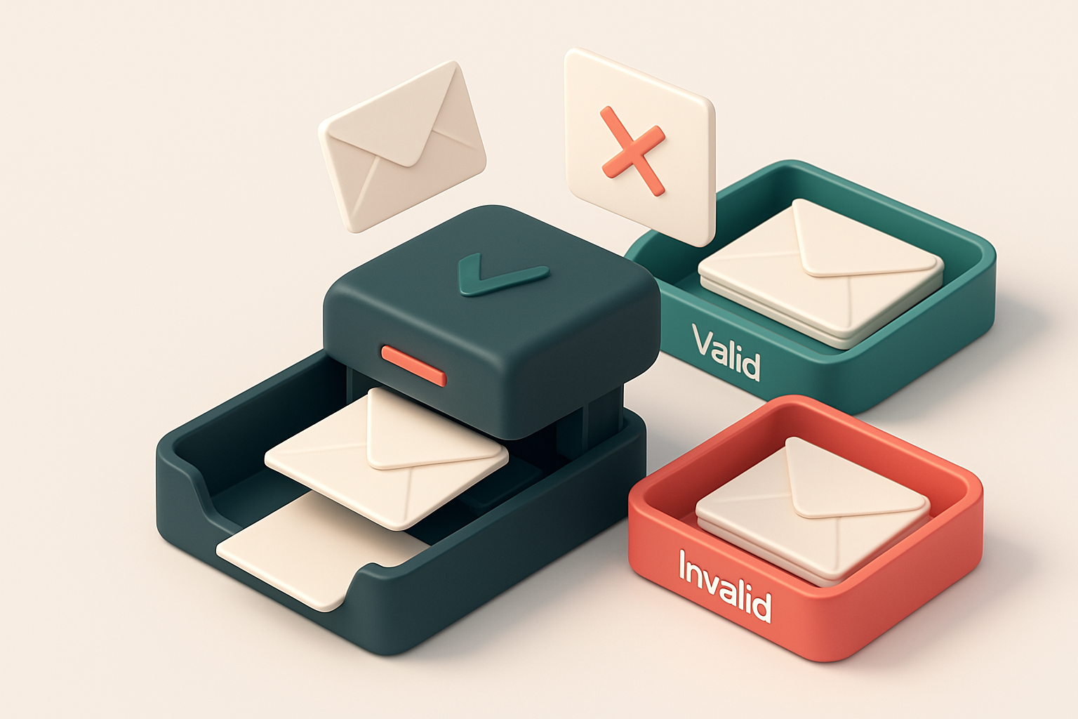In-body 1: an isometric email inbox with envelopes being sorted onto a green 'valid' tray and a red 'invalid' tray, with a scanner labeling them.