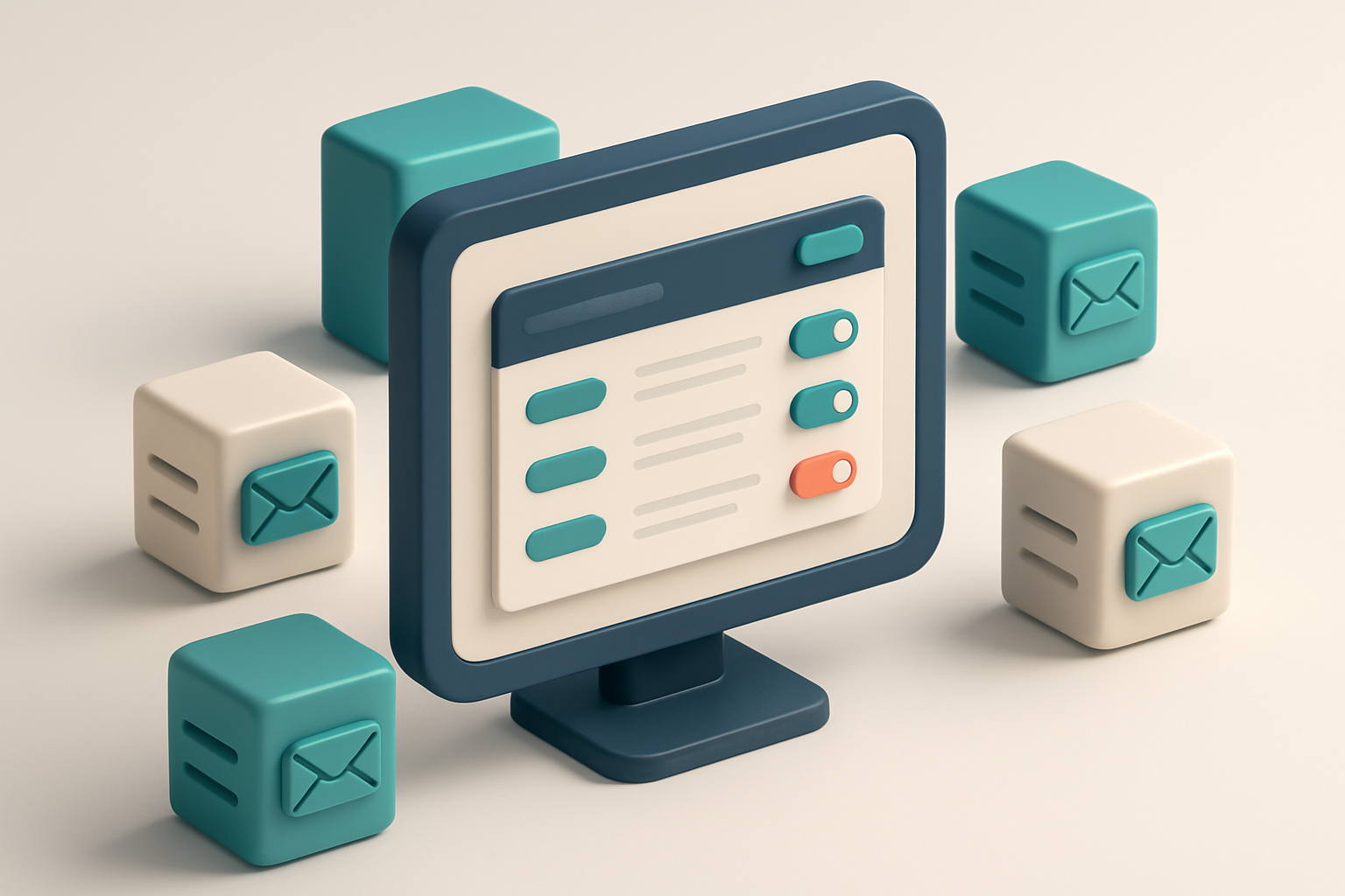 In-body 1: an isometric scene of a computer screen with a dashboard showing various blacklist services and their status, surrounded by email server icons.
