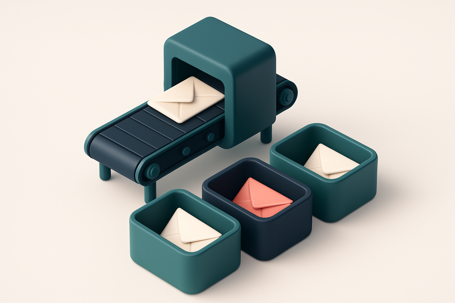 In-body 1: A conveyer belt system sorting envelopes into three bins labeled as 'verified', 'invalid', and 'risky'.