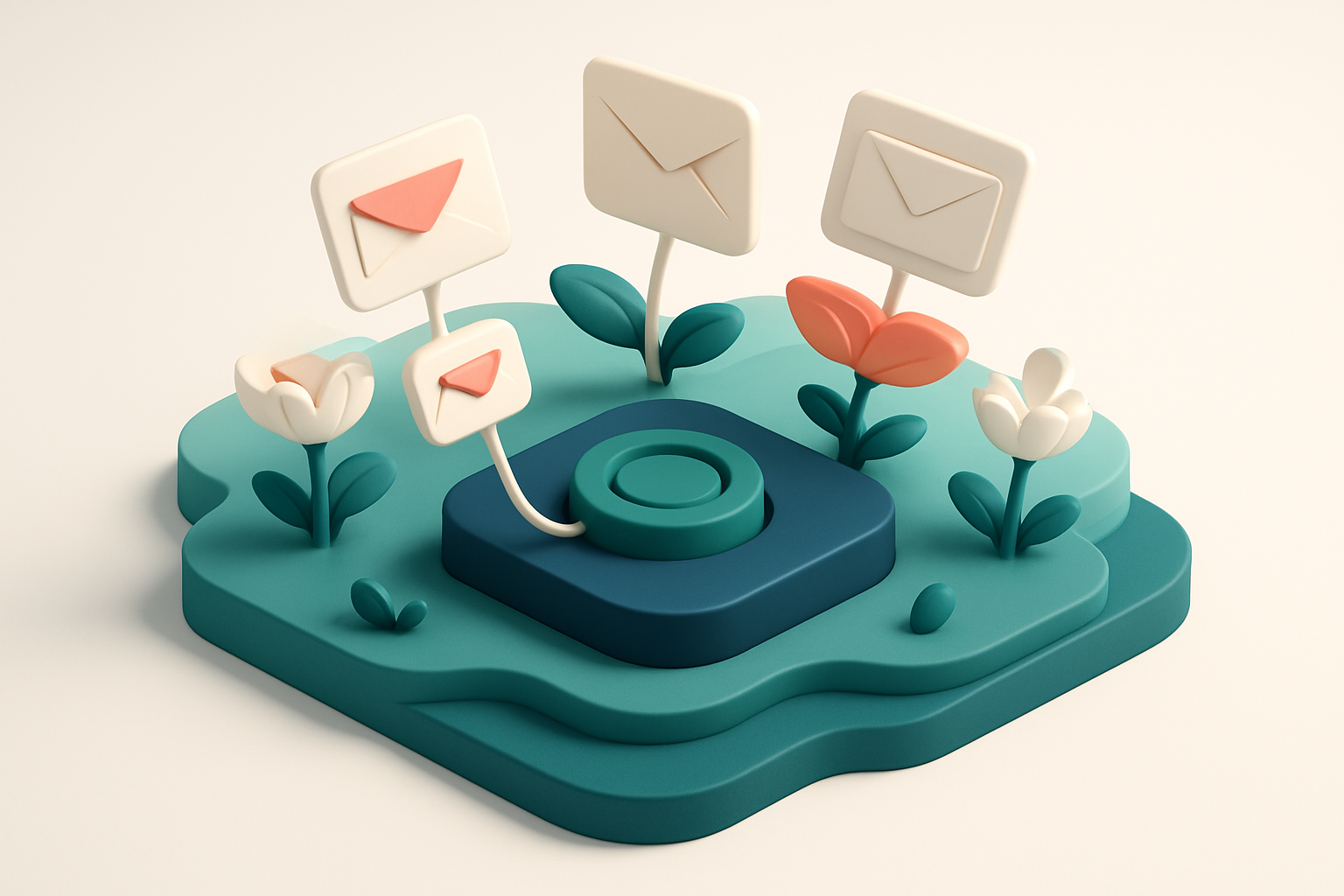 In-body 1: a layered spring landscape with newsletters and email icons blooming like flowers from a central hub.