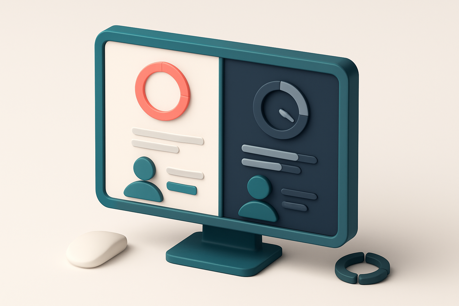 In-body 1: an isometric scene of a split-screen monitor with one side showing a fast-loading website and the other a slow-loading one, with visible user progres