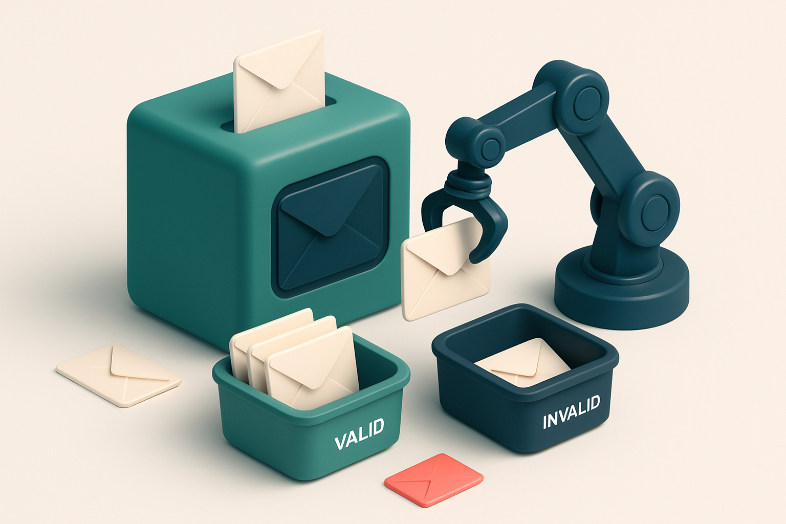 In-body 1: an isometric email server where envelopes are being sorted by a robotic arm into valid and invalid baskets