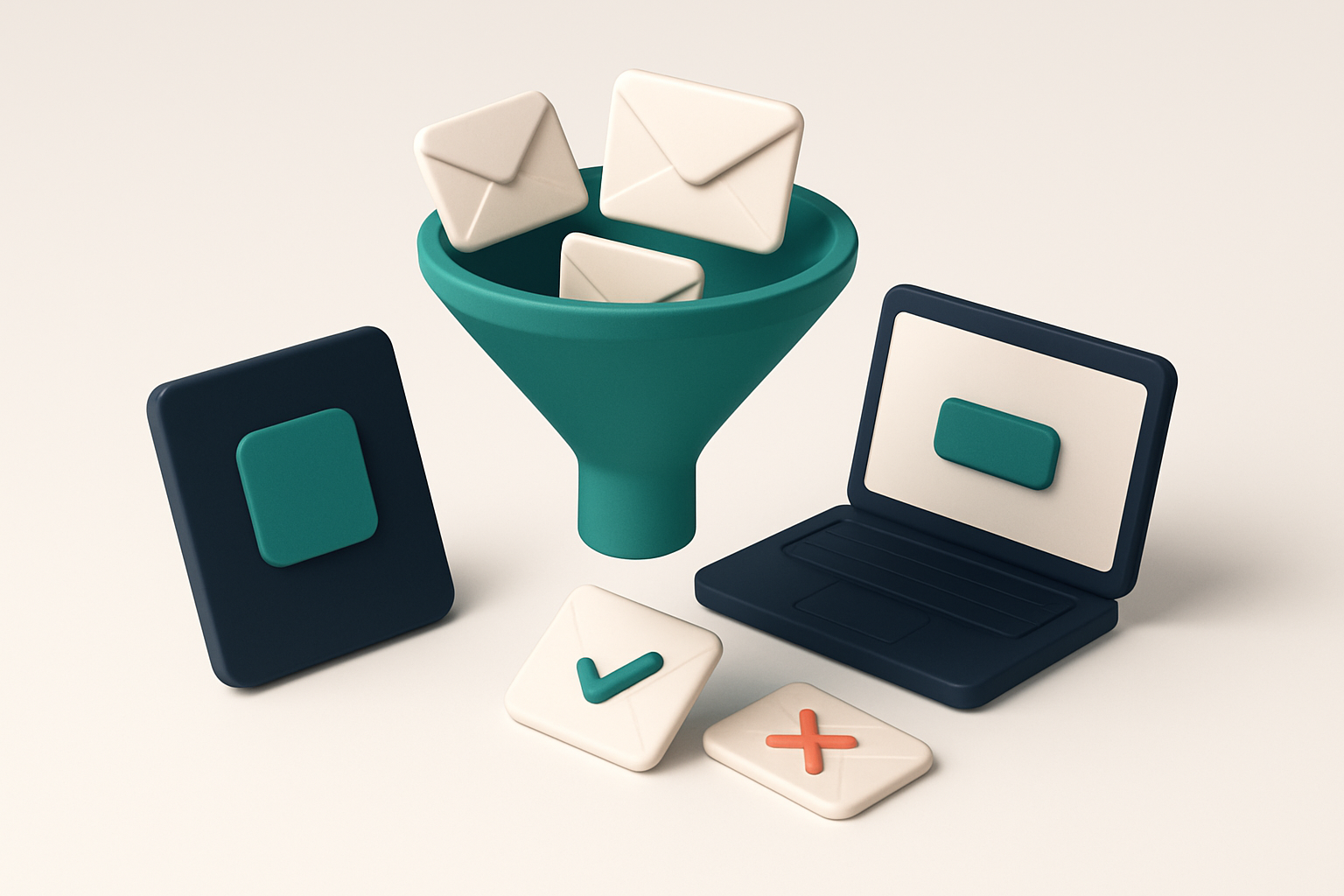 In-body 1: an isometric scene of a digital funnel collecting emails from various devices showing the verification process funneling out invalid ones.