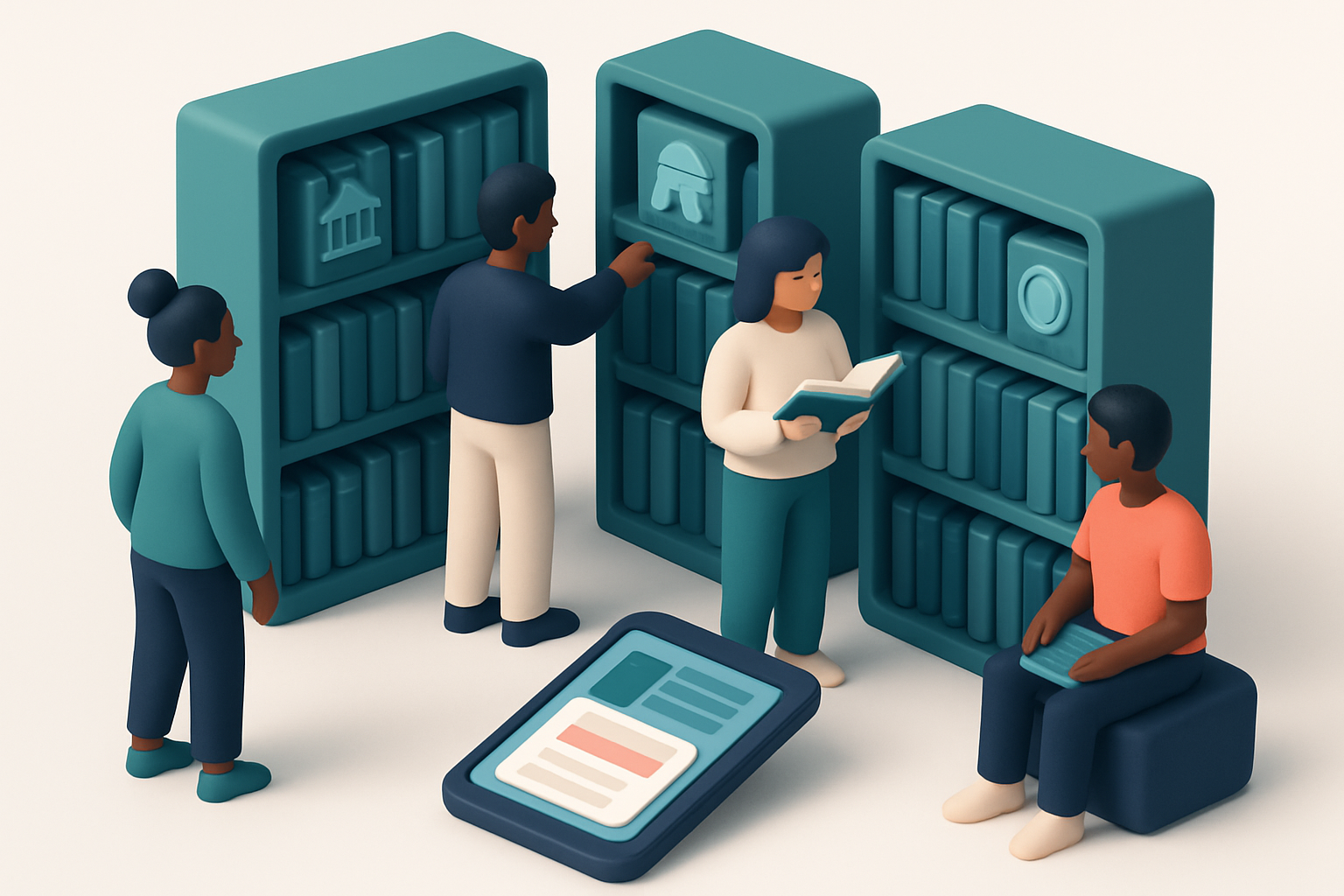 In-body 1: a diverse library scene with books labeled with historical themes and a digital tablet displaying newsletter drafts.