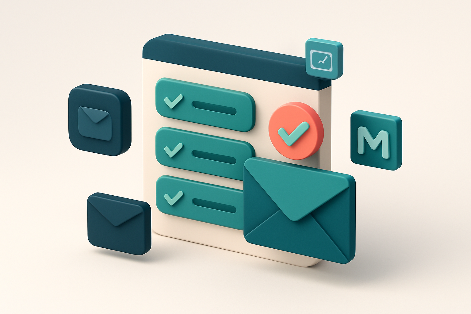 In-body 1: an isometric representation of an email being verified by Emaillistchecker.io's tools, with green checkmarks appearing on a dashboard, linked to vari