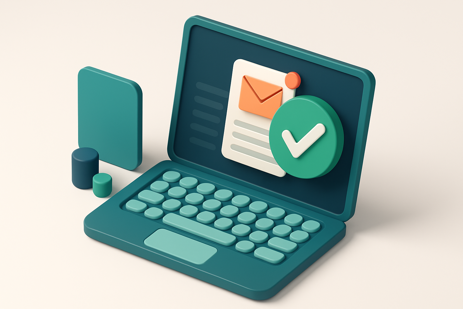 In-body 1: An isometric scene of an email being verified in real-time at a laptop, showing a green checkmark appearing over an address list.