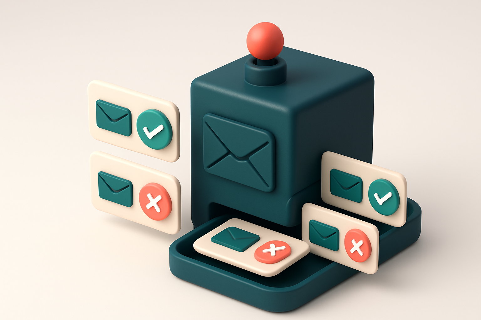 In-body 1: An isometric email server handling a mix of valid and invalid email addresses, depicting the verification process.