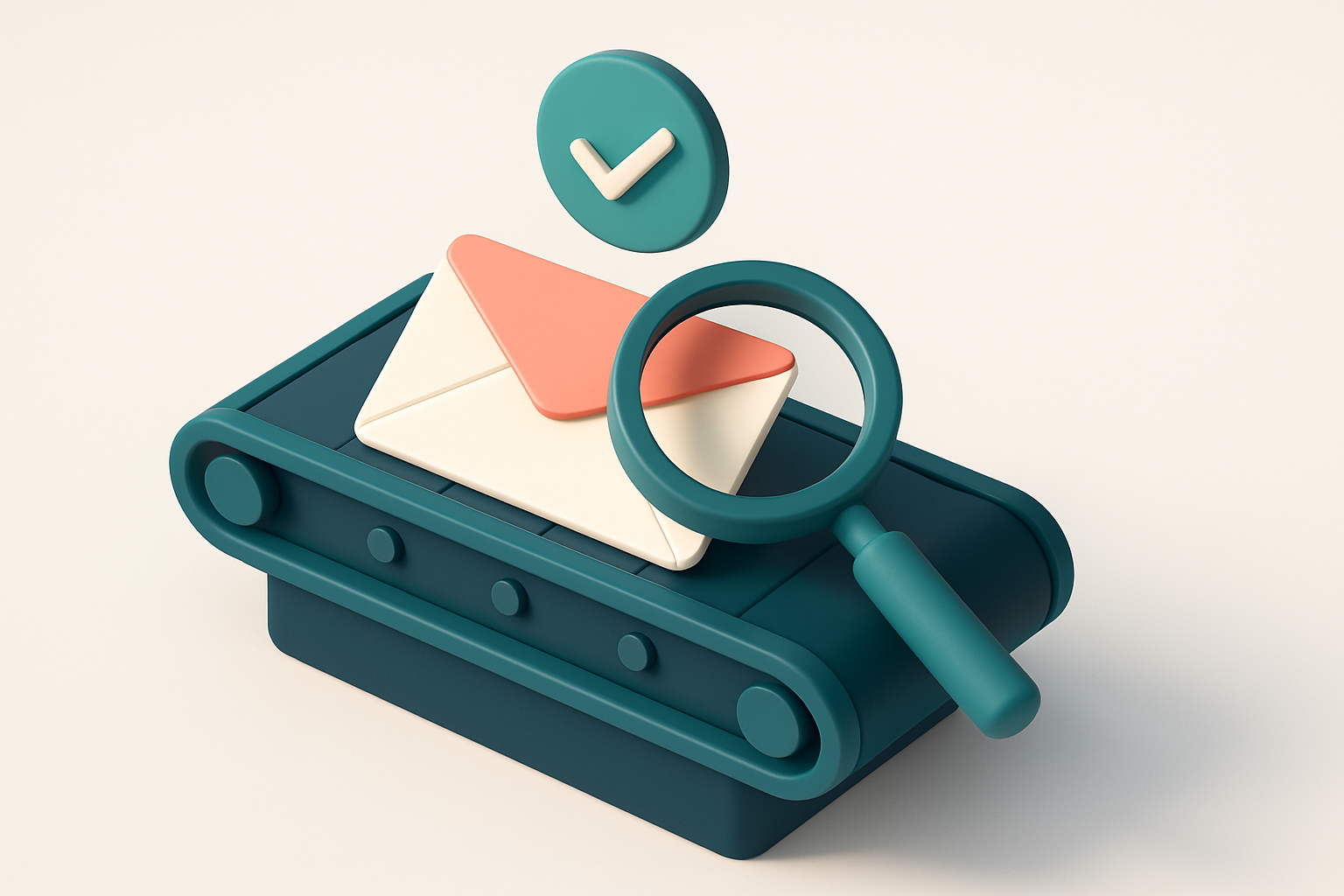 In-body 1: an isometric scene with an email being scanned by a magnifying glass on a conveyor belt, with a green checkmark floating above it