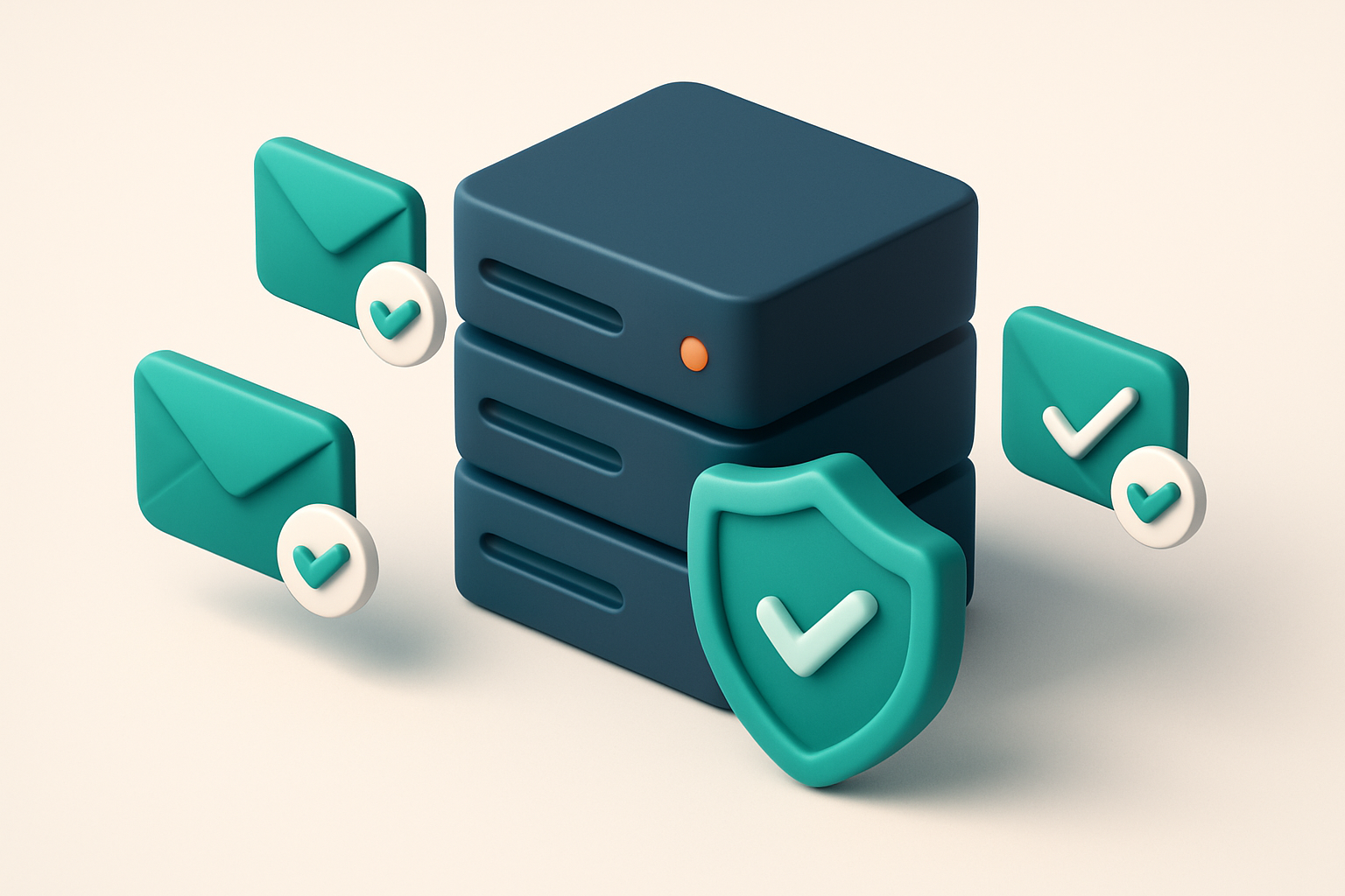 In-body 1: an isometric illustration of a server with validated emails, showing green checkmarks and shield symbols ensuring deliverability