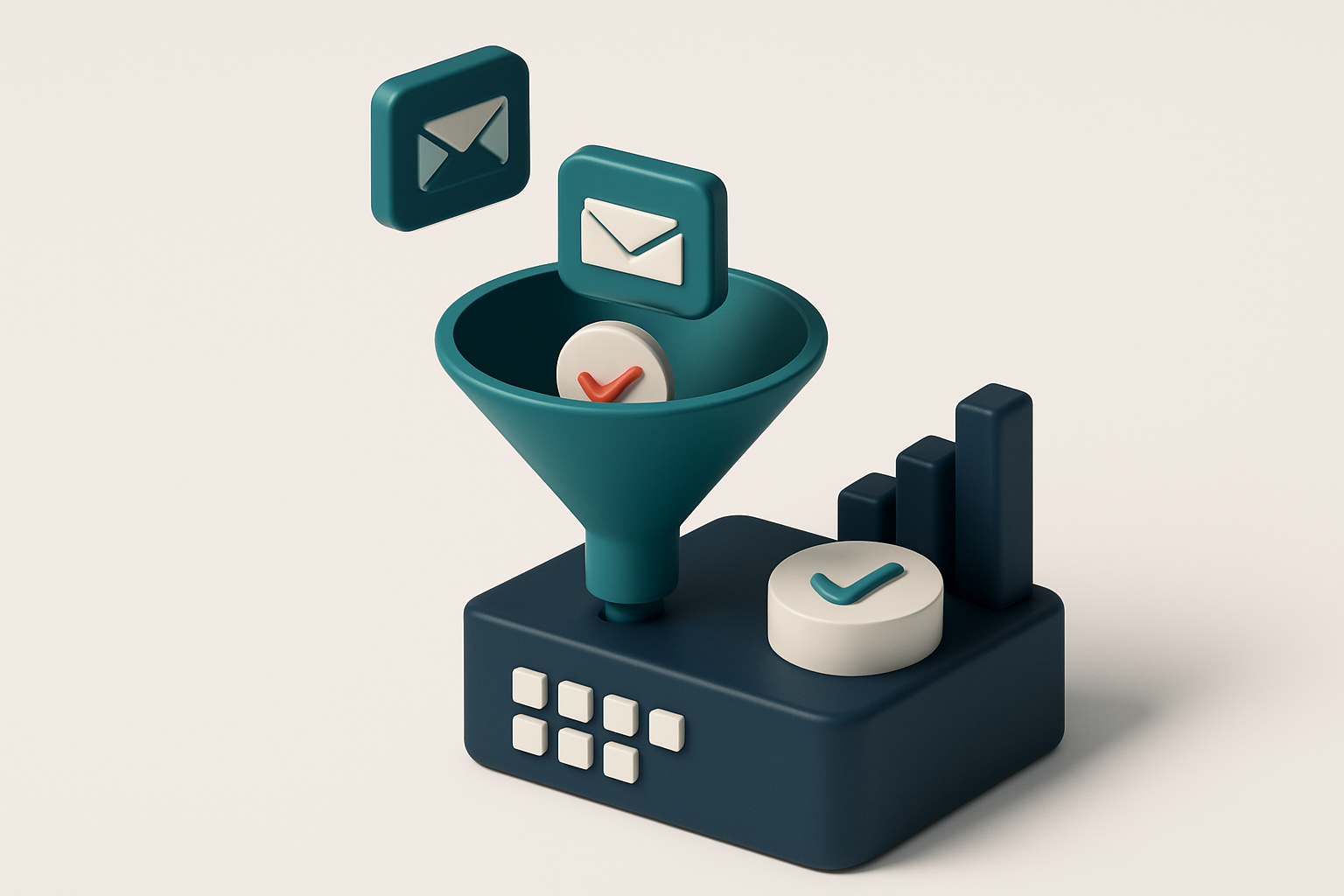 In-body 1: an isometric scene of a funnel filtering incoming emails, delivering clean, verified addresses to a CRM system.