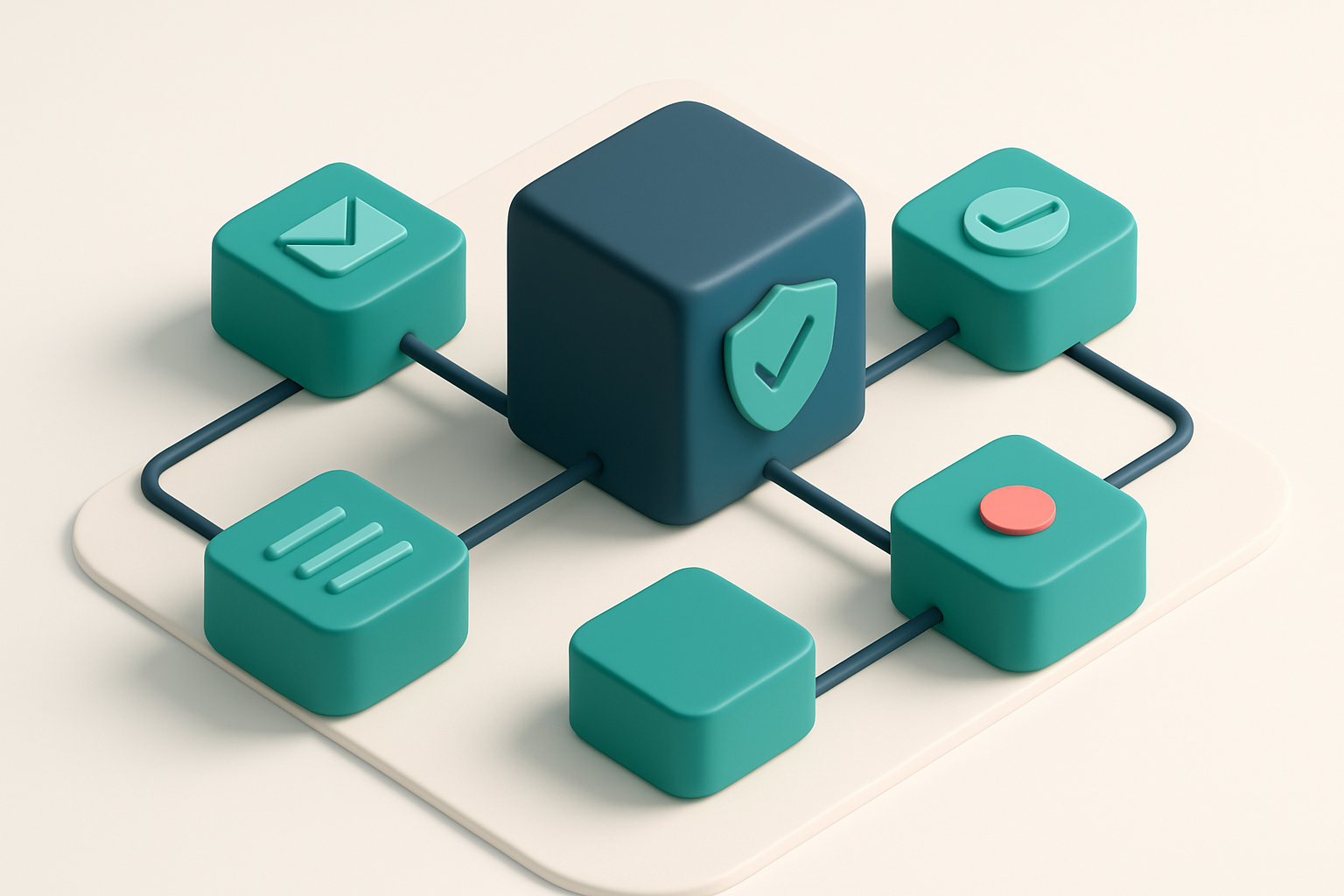 In-body 1: an isometric DNS setup with nodes representing different settings like MX, SPF, DKIM, and DMARC, demonstrating a secure configuration network.