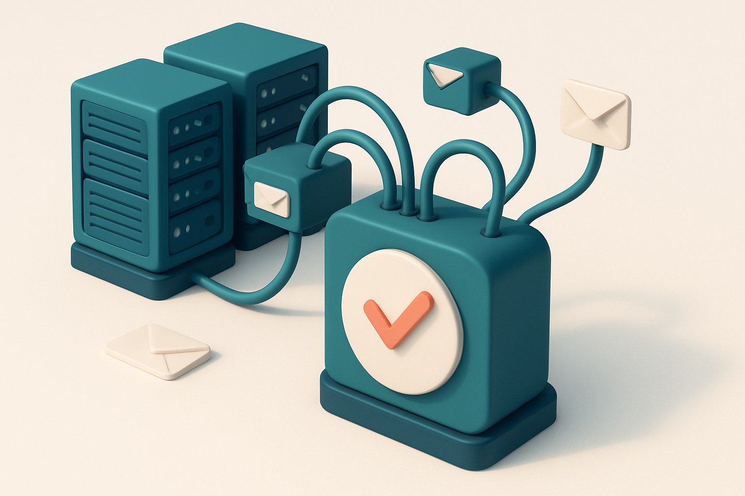 In-body 1: an isometric depiction of a server room with email data flowing through cables to a central verification system.