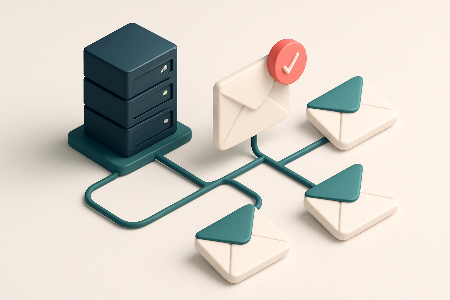 In-body 1: an isometric scene showing SMTP servers linked to a network of email clients, visualizing verification flow.