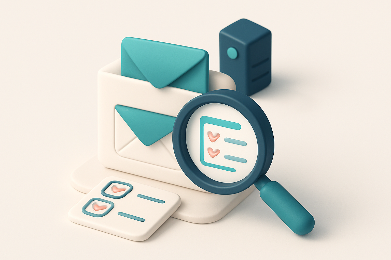 In-body 1: an isometric scene showing an email being analyzed by a magnifying glass with SMTP and MX records checked off.