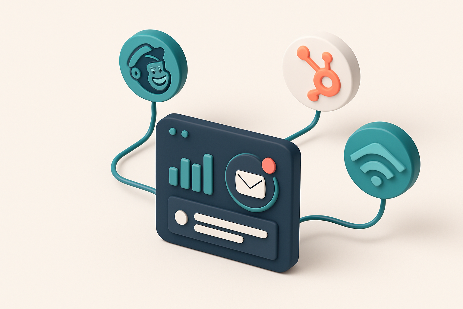 In-body 1: an isometric scene of a dashboard with connection lines to Mailchimp, HubSpot, and Klaviyo symbols; email verification in progress.