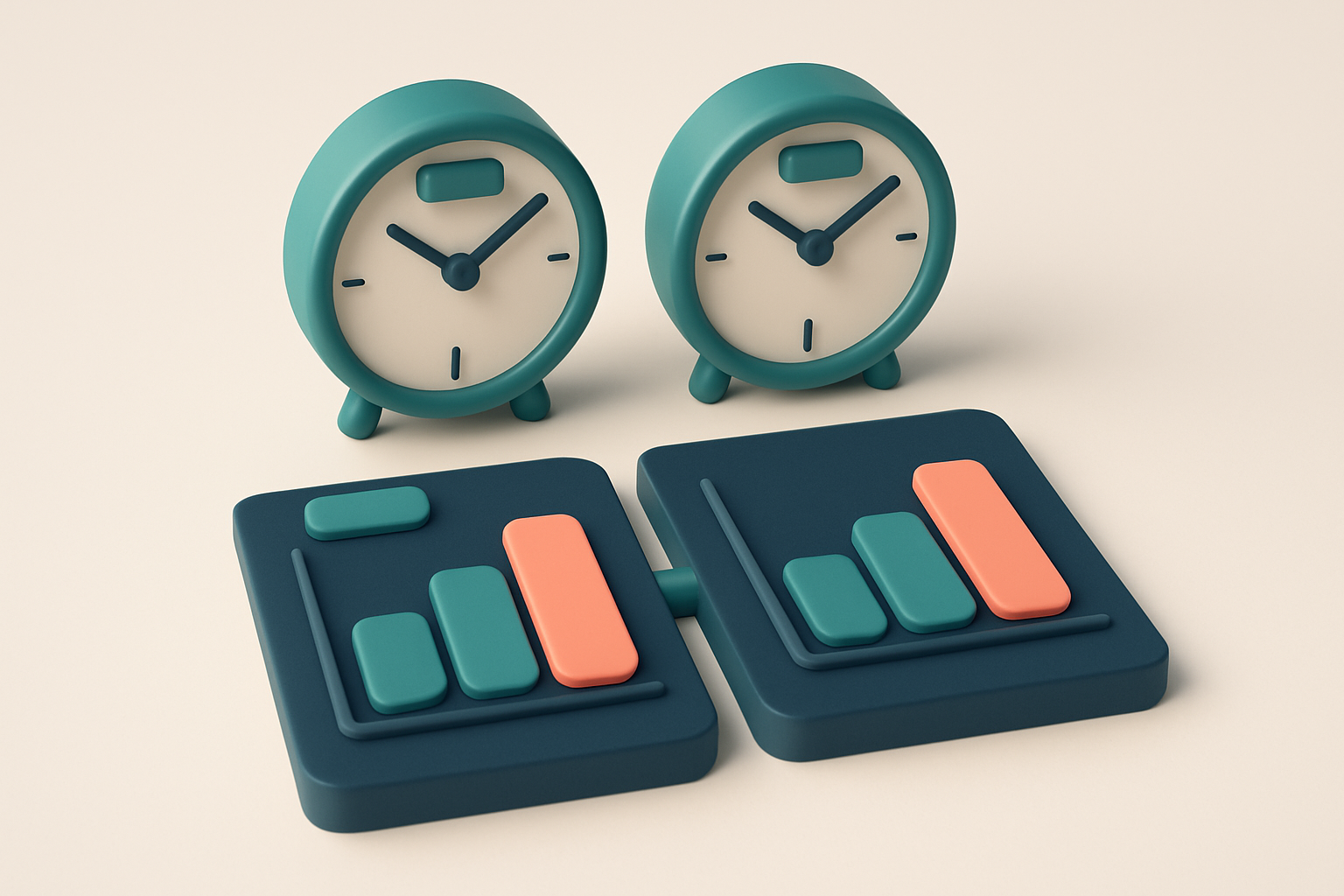 In-body 1: An isometric A/B testing setup with two clocks set to different times on a Saturday, with split graphs showing performance metrics.