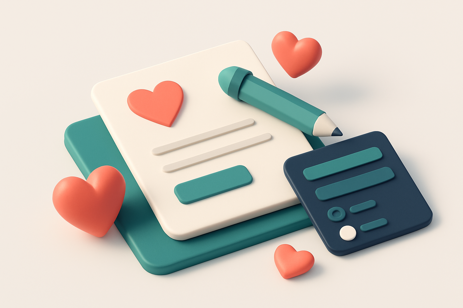In-body 1: an isometric illustration of newsletters being crafted with Valentine's hearts, alongside interactive polls.