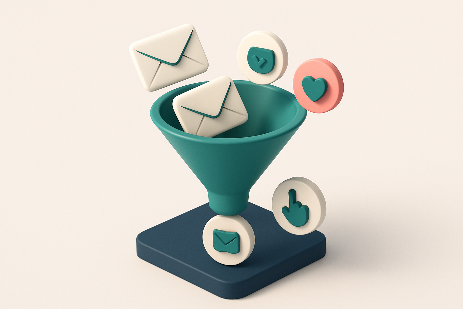 In-body 1: an isometric scene depicting a funnel with emails flowing through it, displaying icons for open rates, clicks, and engagements at various stages.