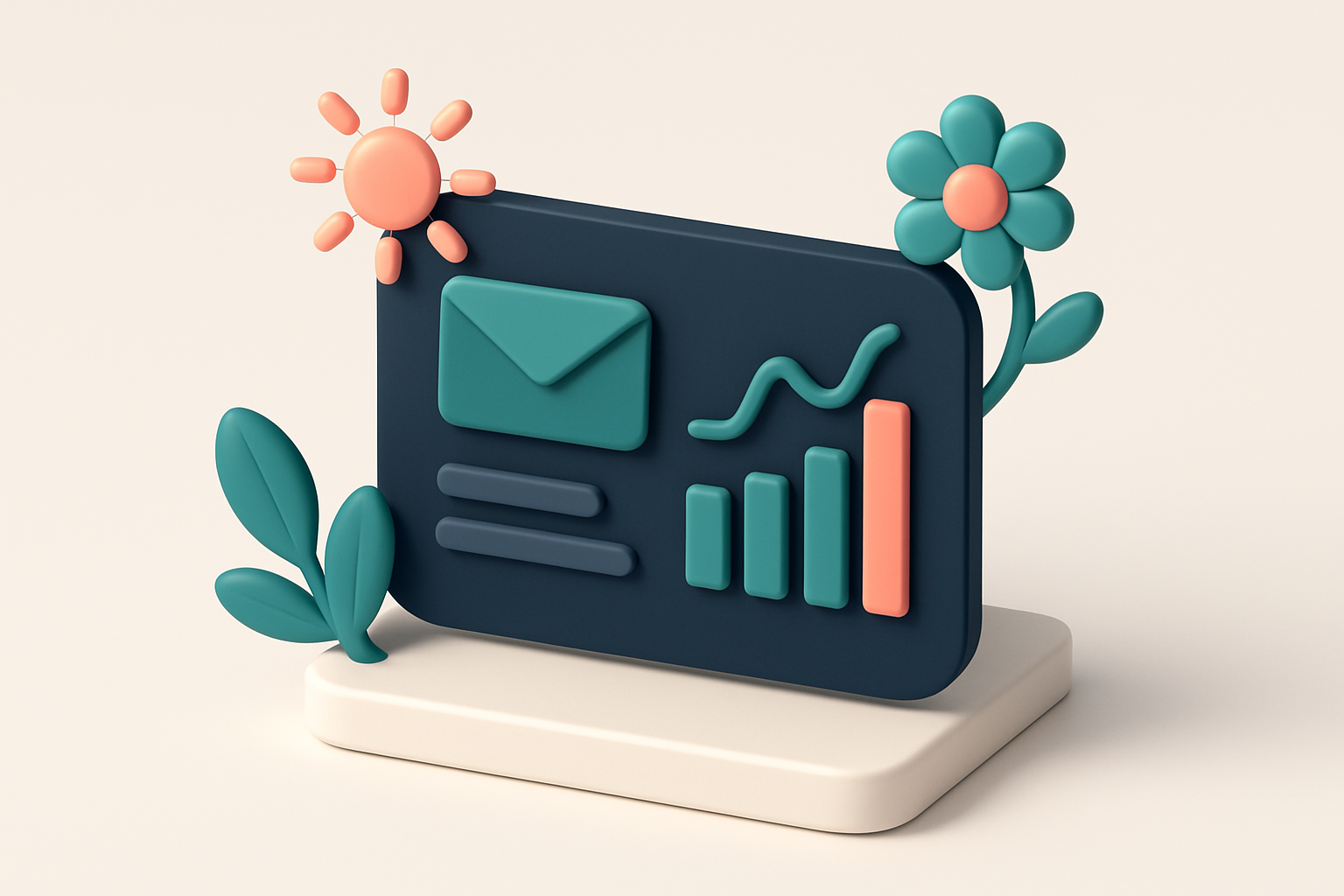In-body 1: an isometric newsletter dashboard with graphs indicating engagement spikes, surrounded by icons of sunlight and spring.
