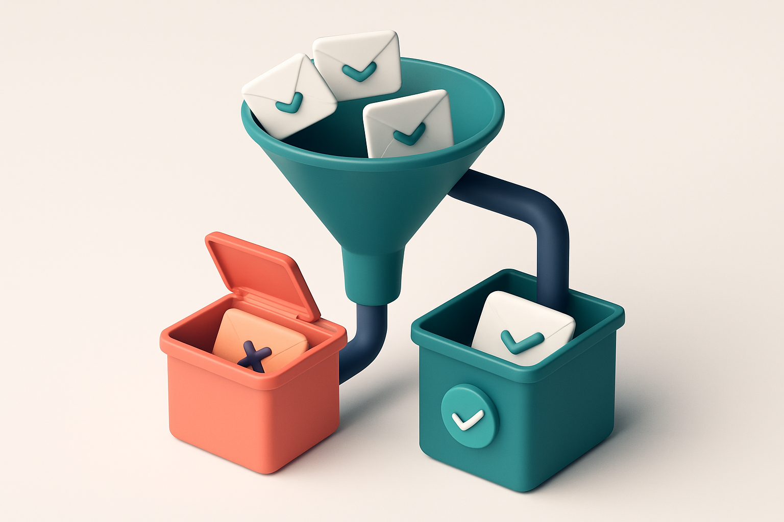 In-body 1: an isometric scene showing a funnel, where verified emails are being processed into a green 'approved' bin and invalid ones are diverted to a red 'di