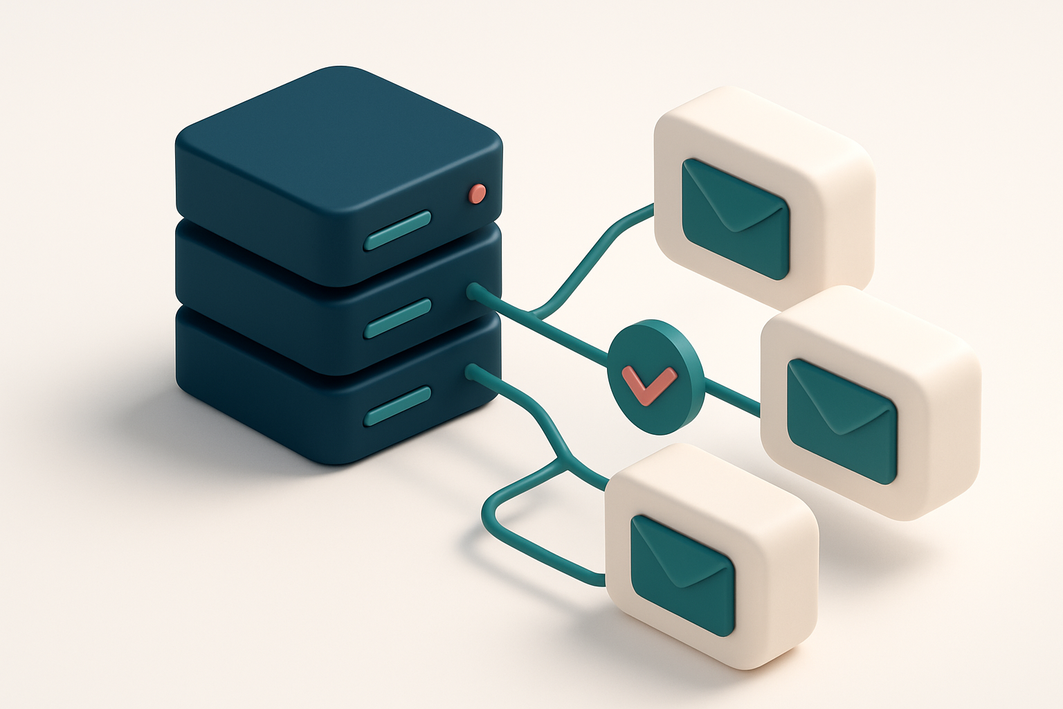 In-body 1: an isometric illustration of servers connected by verification lines to multiple email inboxes, highlighting real-time API action.