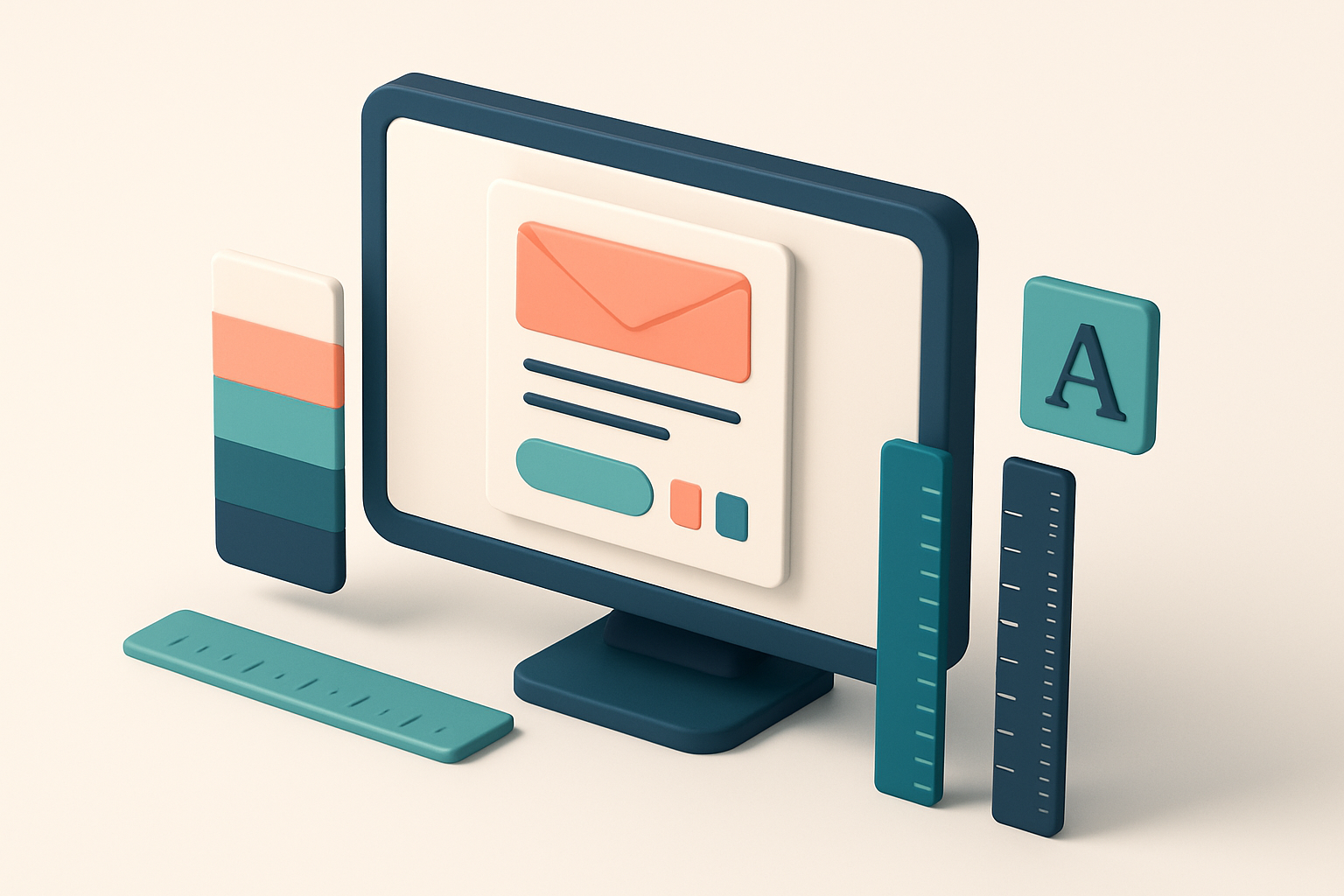 In-body 1: a scene showing a desktop monitor displaying an email design dashboard, surrounded by elements like color palettes, fonts, and rulers.