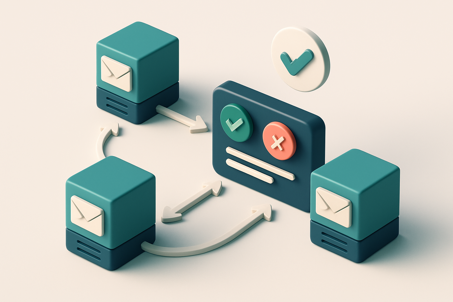 In-body 1: An isometric illustration of an email server network with arrows indicating email validation processes between servers and a central dashboard.