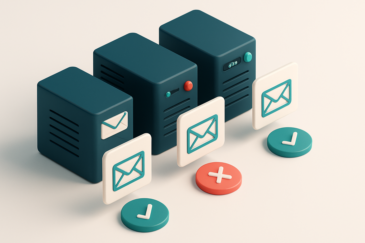 In-body 1: an isometric scene of servers performing SMTP checks on a series of emails, with status lights indicating pass or fail.