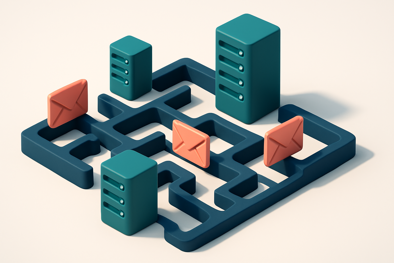 In-body 1: an isometric scene depicting servers and digital envelopes moving through a maze, representing the complexity of SMTP and MX verification.