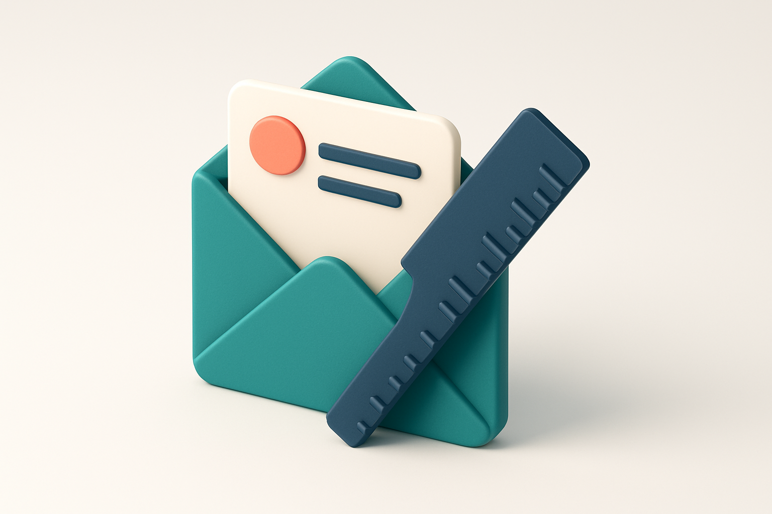 In-body 1: an isometric scene with a large envelope and a ruler checking the email address for syntax accuracy.