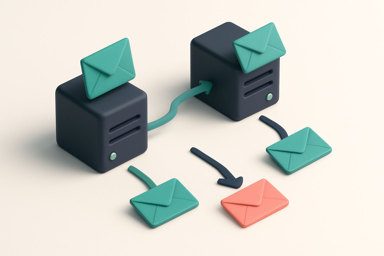 In-body 1: an isometric view showing envelopes passing through SMTP servers, with some marked as 'deliverable' and others being 'returned'.