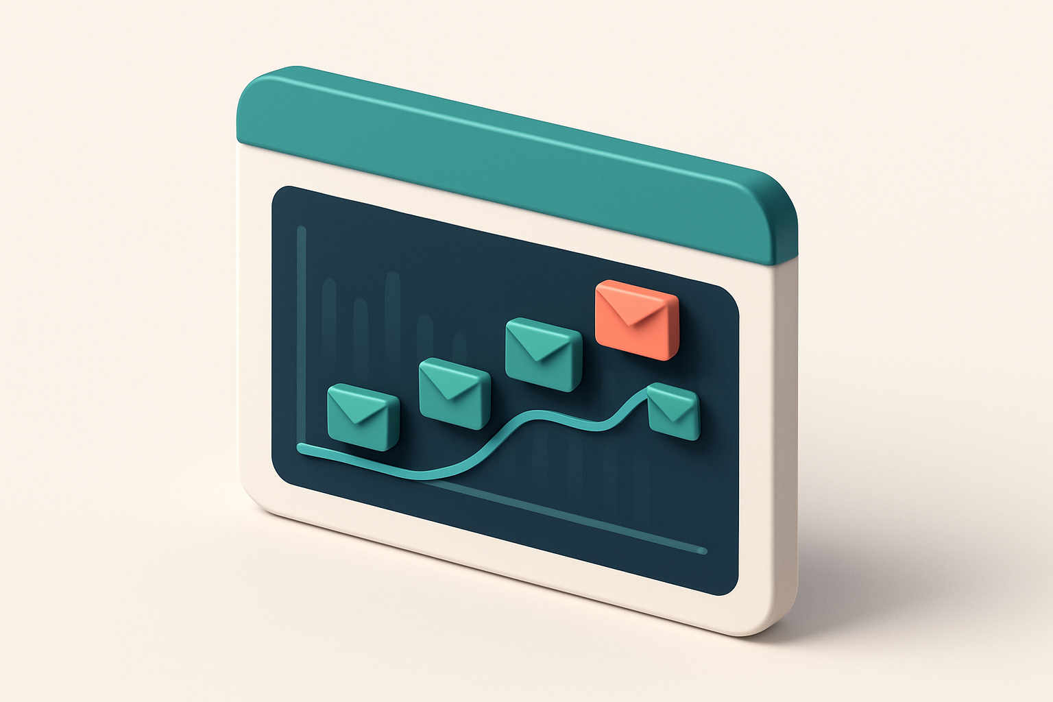 In-body 1: An isometric dashboard showing a timing chart, with email icons moving along a timeline.