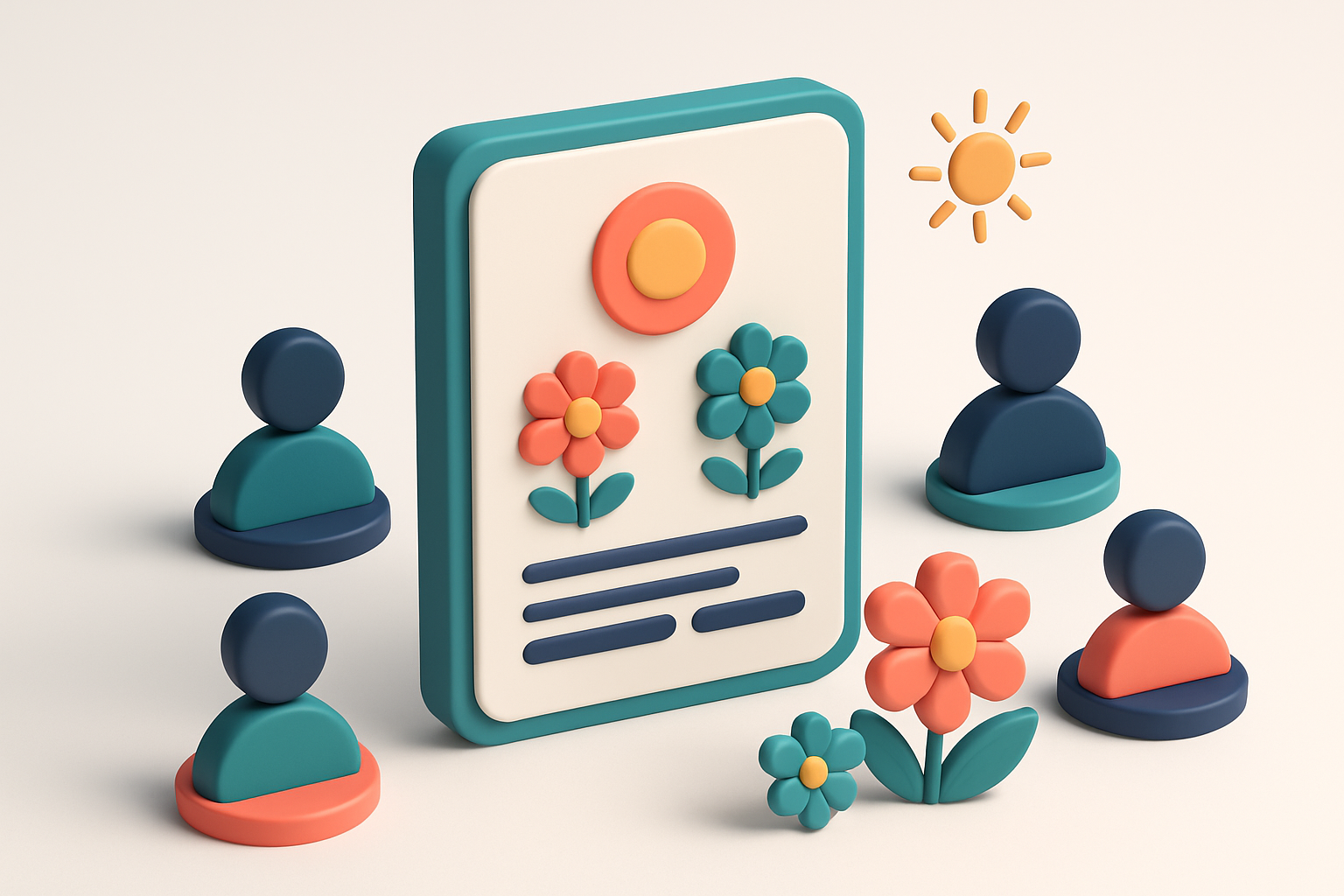 In-body 1: isometric illustration of a spring-themed newsletter, with flowers and sun icons, targeted to multiple distinct user profiles.