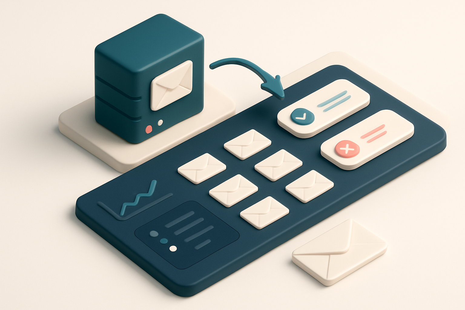 In-body 1: An isometric depiction of an ESP dashboard showing a server sending emails, with notifications of delivery success and bounces.