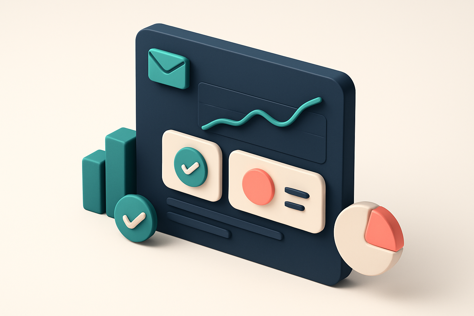 In-body 1: an isometric scene of an email dashboard displaying a graph and metrics indicating improved deliverability and open rates.