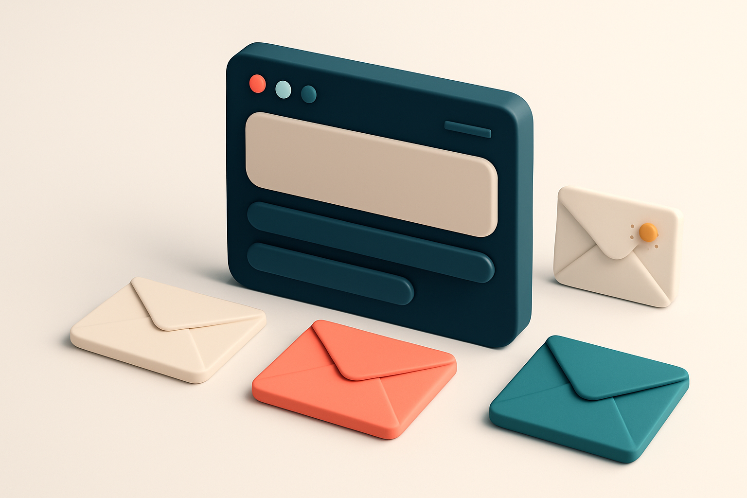In-body 1: an isometric scene of an email inbox with different colored envelopes representing emails sent at various times of the day.